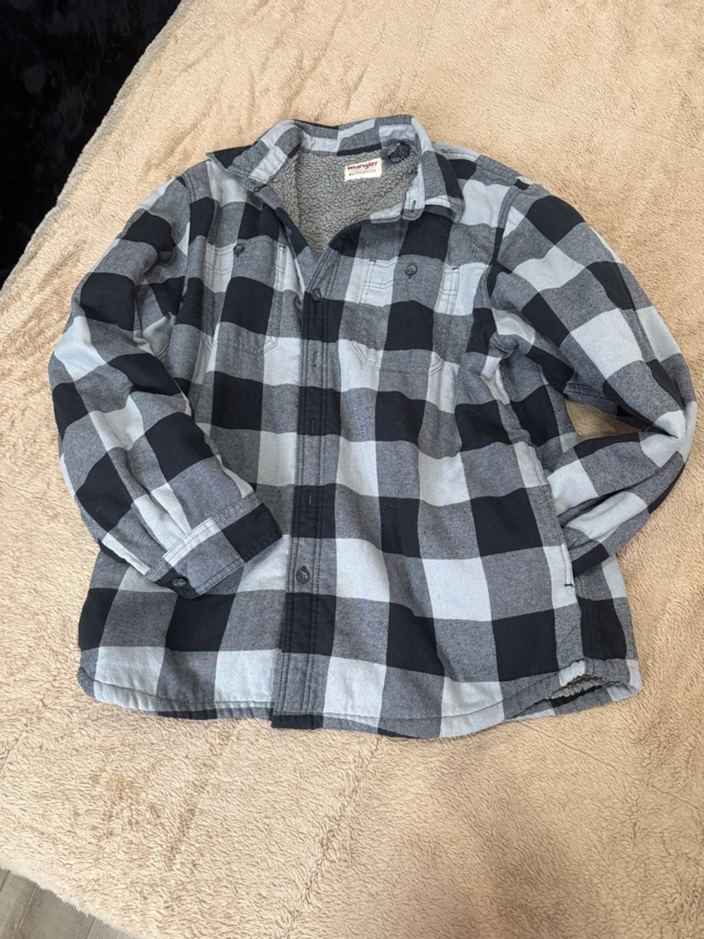 Wrangler Black and Light Gray Plaid Sherpa-Lined Button Shirt